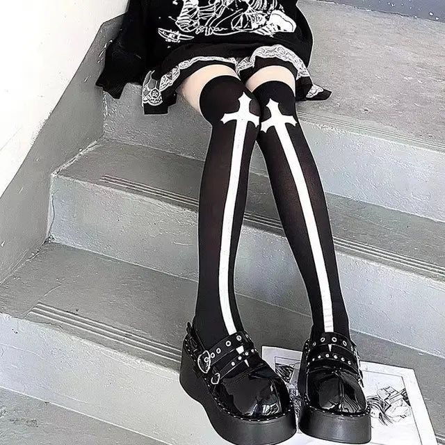 Classic Lolita Black Goth Cute Stockings Thigh Highs Gothic Long Socks-Socks & Tights-Arimonz-style 3-Arimonz