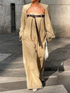 Collarless Long-Sleeve Top and Wide-Leg Jumpsuit Set Summer Streetwear-Jumpsuits & Rompers-Bonboho Store-Arimonz