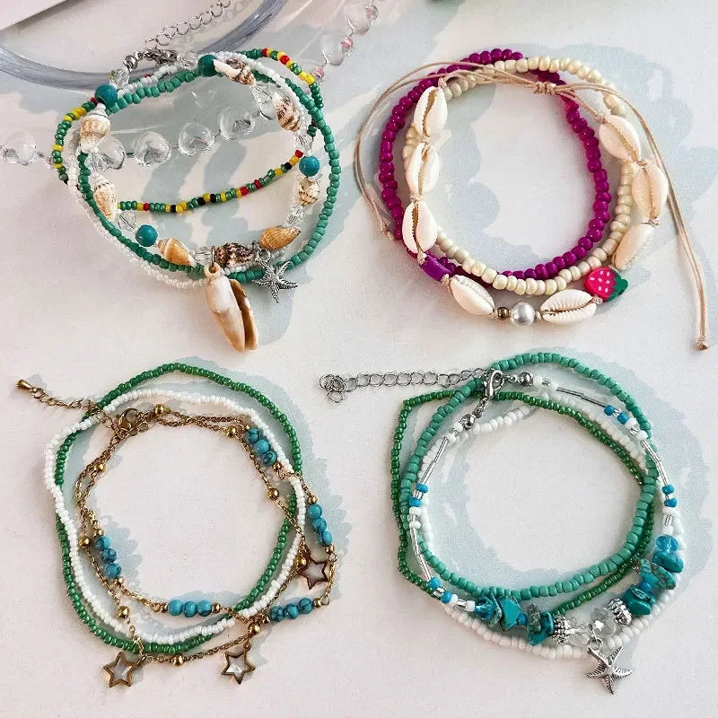 Colorful Handmade Beads Bohemian Anklet Set Boho Shell Charm Jewelry-Anklets-Arimonz-Arimonz