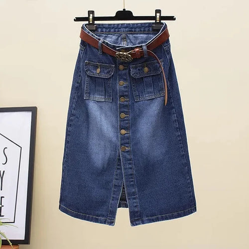 Cotton Denim High Waist With Belt A-Line Women Skirt-Jeans-Arimonz-DEEP BLUE-2XL-Arimonz