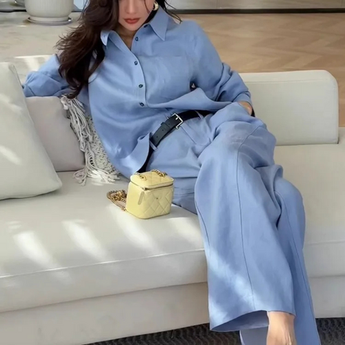 Cotton Linen Long Sleeve Shirt Wide Leg Pants Set Office Lady Outfit-Wear To Work Sets-Arimonz-Arimonz