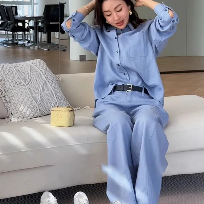Cotton Linen Long Sleeve Shirt Wide Leg Pants Set Office Lady Outfit-Wear To Work Sets-Arimonz-Arimonz