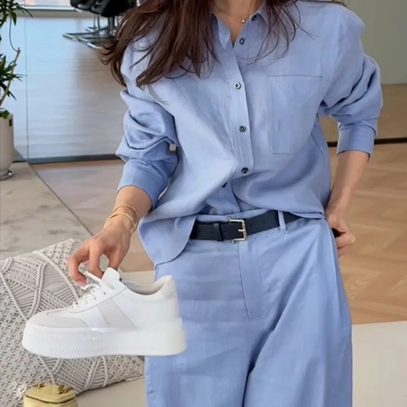 Cotton Linen Long Sleeve Shirt Wide Leg Pants Set Office Lady Outfit-Wear To Work Sets-Arimonz-Arimonz