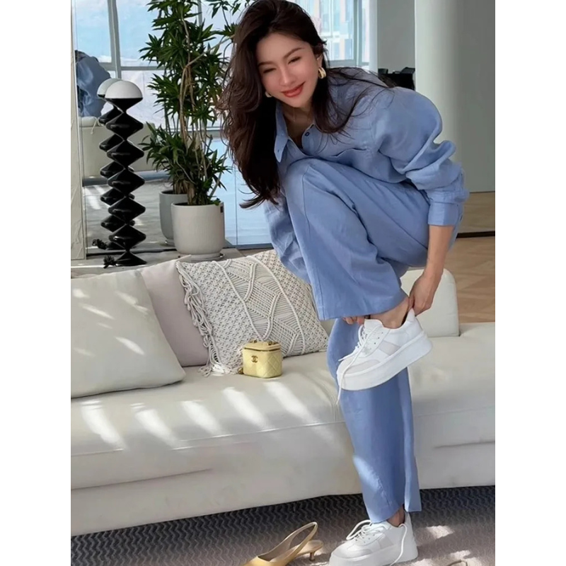 Cotton Linen Long Sleeve Shirt Wide Leg Pants Set Office Lady Outfit-Wear To Work Sets-Arimonz-Arimonz