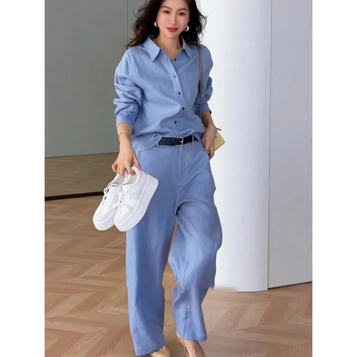 Cotton Linen Long Sleeve Shirt Wide Leg Pants Set Office Lady Outfit-Wear To Work Sets-Arimonz-Blue-S-Arimonz