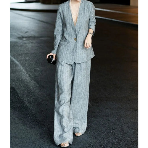 Cotton Linen Striped Blazer and Wide Leg Pants Retro Streetwear Set-Wear To Work Sets-Arimonz-Arimonz