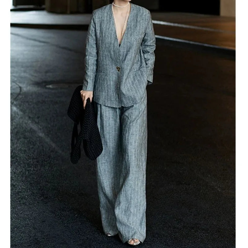 Cotton Linen Striped Blazer and Wide Leg Pants Retro Streetwear Set-Wear To Work Sets-Arimonz-Arimonz