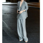 Cotton Linen Striped Blazer and Wide Leg Pants Retro Streetwear Set-Wear To Work Sets-Arimonz-Arimonz