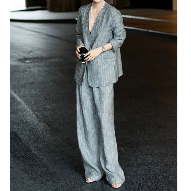 Cotton Linen Striped Blazer and Wide Leg Pants Retro Streetwear Set-Wear To Work Sets-Arimonz-Arimonz
