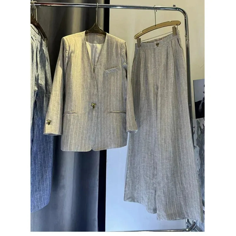 Cotton Linen Striped Blazer and Wide Leg Pants Retro Streetwear Set-Wear To Work Sets-Arimonz-Arimonz
