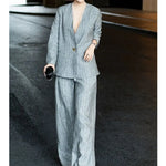 Cotton Linen Striped Blazer and Wide Leg Pants Retro Streetwear Set-Wear To Work Sets-Arimonz-Arimonz