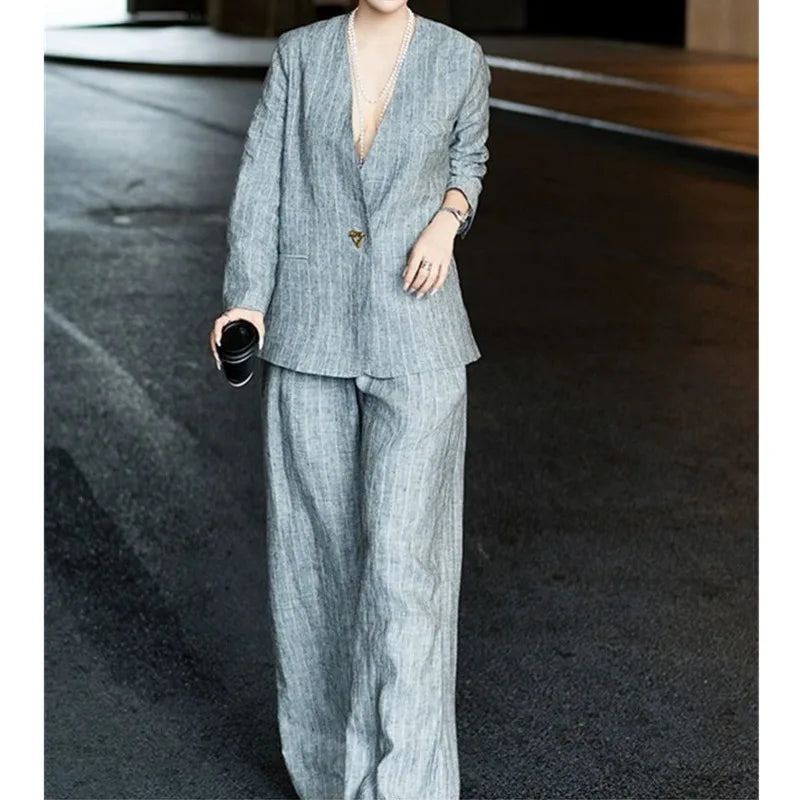 Cotton Linen Striped Blazer and Wide Leg Pants Retro Streetwear Set-Wear To Work Sets-Arimonz-Arimonz