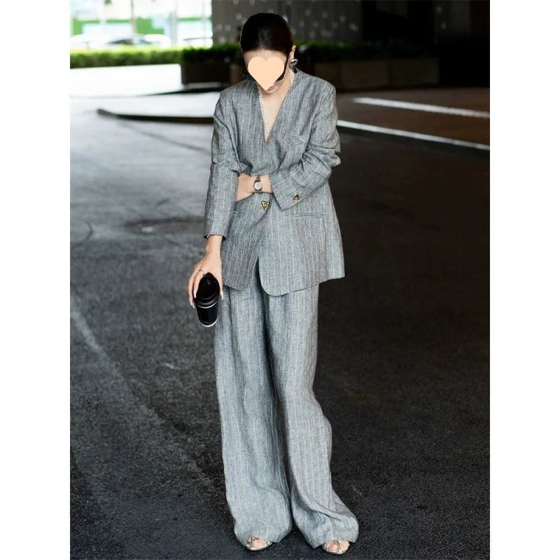 Cotton Linen Striped Blazer and Wide Leg Pants Retro Streetwear Set-Wear To Work Sets-Arimonz-gray set-M (US-6)-Arimonz