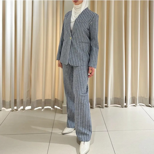 Cotton Linen Striped Blazer and Wide Leg Pants Retro Streetwear Set-Wear To Work Sets-Arimonz-Arimonz
