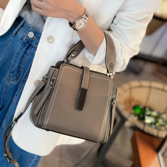 Cow Leather Women's Handbag Shoulder Bag Crossbody Bucket Bag-Handbags-Arimonz-dark gray-Arimonz