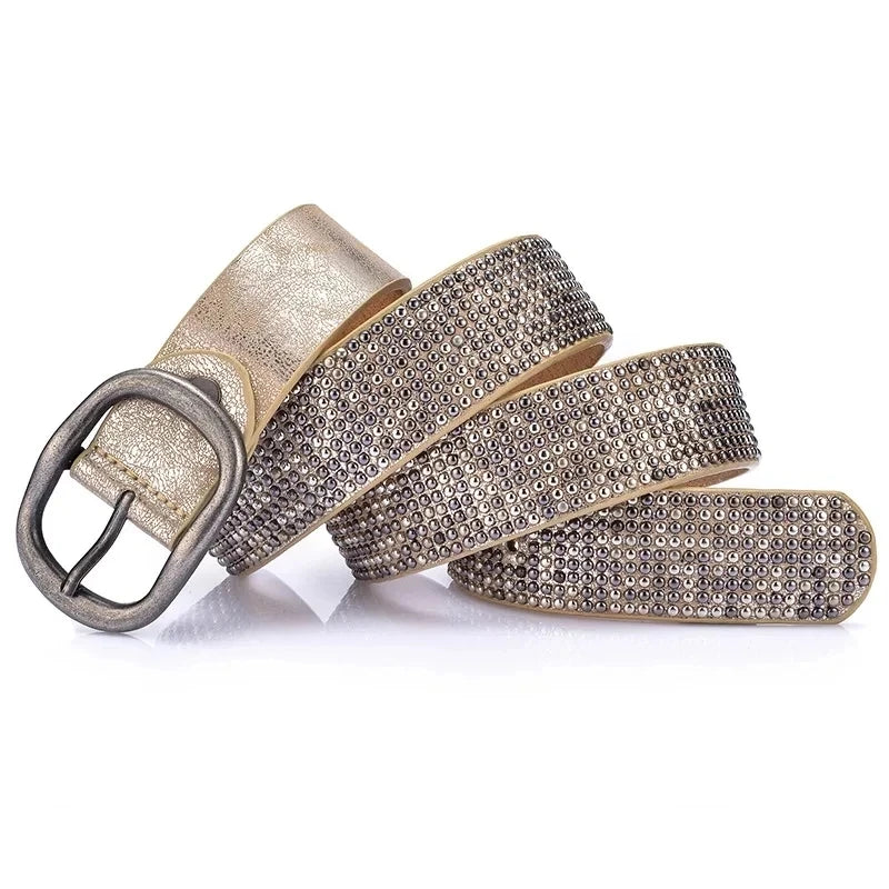 Cowskin Designer Waist Punk Rivet Studded Belt Casual Pin Buckle-Belts-Arimonz-Golden-90cm/35in-Arimonz