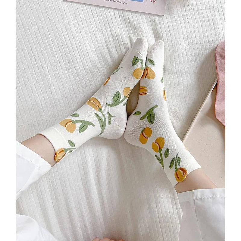 Cute Flower Style Breathable Middle Tube Floral Women Socks in 5 Pairs-Socks & Tights-Arimonz-Arimonz