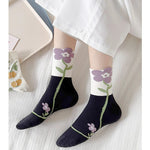 Cute Flower Style Breathable Middle Tube Floral Women Socks in 5 Pairs-Socks & Tights-Arimonz-Arimonz