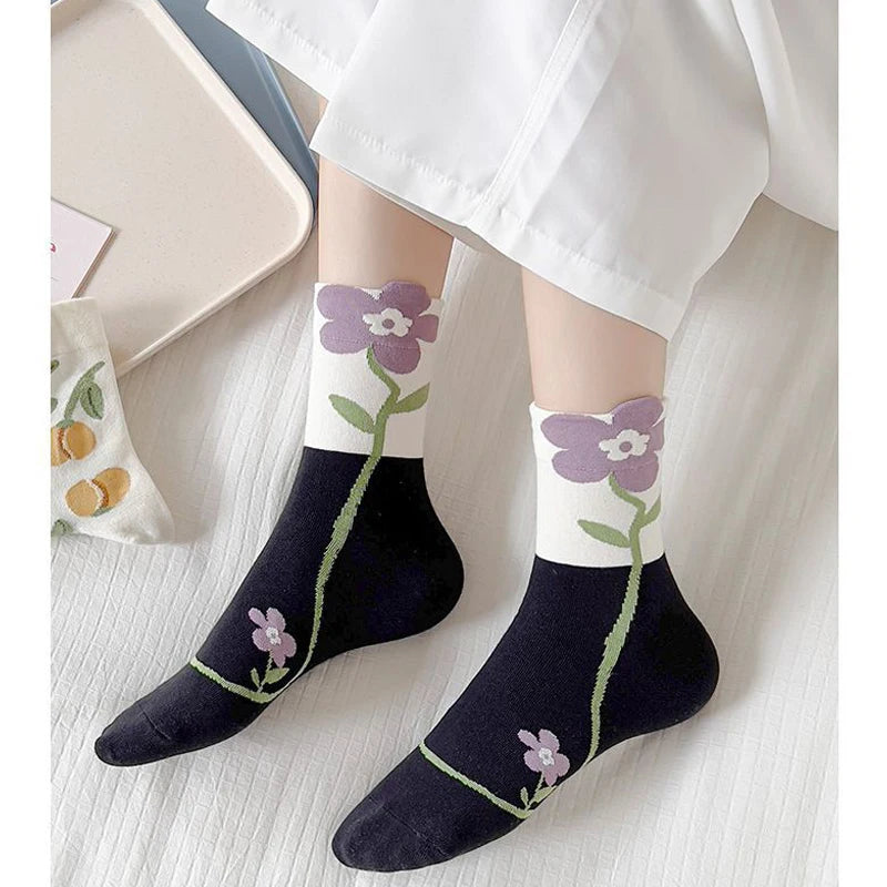 Cute Flower Style Breathable Middle Tube Floral Women Socks in 5 Pairs-Socks & Tights-Arimonz-Arimonz