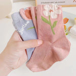Cute Flower Style Breathable Middle Tube Floral Women Socks in 5 Pairs-Socks & Tights-Arimonz-Arimonz