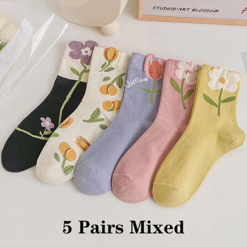 Cute Flower Style Breathable Middle Tube Floral Women Socks in 5 Pairs-Socks & Tights-Arimonz-As picture-Arimonz