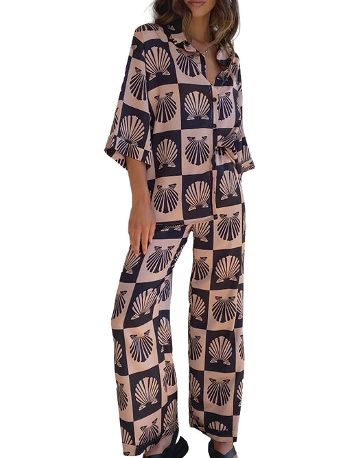 Cute Seashell Print Half Sleeve Shirt and Pants Set Women Loungewear-Wear To Work Sets-Arimonz-Arimonz