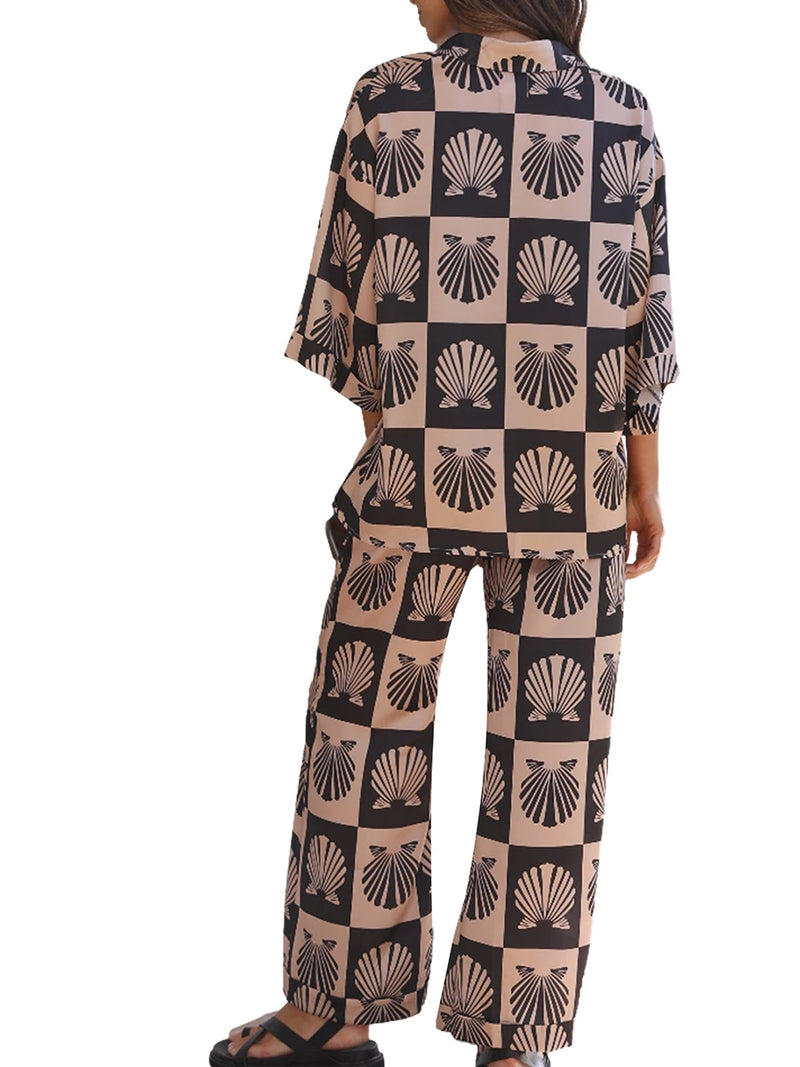 Cute Seashell Print Half Sleeve Shirt and Pants Set Women Loungewear-Wear To Work Sets-Arimonz-Arimonz