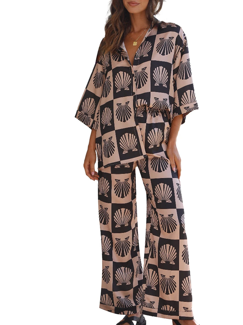 Cute Seashell Print Half Sleeve Shirt and Pants Set Women Loungewear-Wear To Work Sets-Arimonz-Arimonz