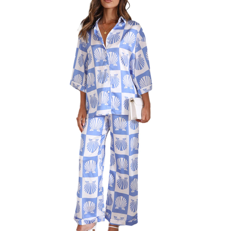 Cute Seashell Print Half Sleeve Shirt and Pants Set Women Loungewear-Wear To Work Sets-Arimonz-Blue-S-Arimonz