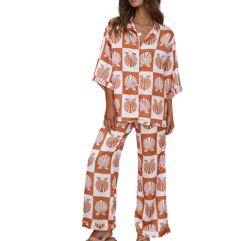 Cute Seashell Print Half Sleeve Shirt and Pants Set Women Loungewear-Wear To Work Sets-Arimonz-Chocolate-S-Arimonz