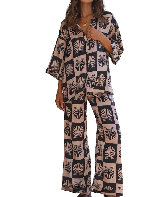 Cute Seashell Print Half Sleeve Shirt and Pants Set Women Loungewear-Wear To Work Sets-Arimonz-Arimonz