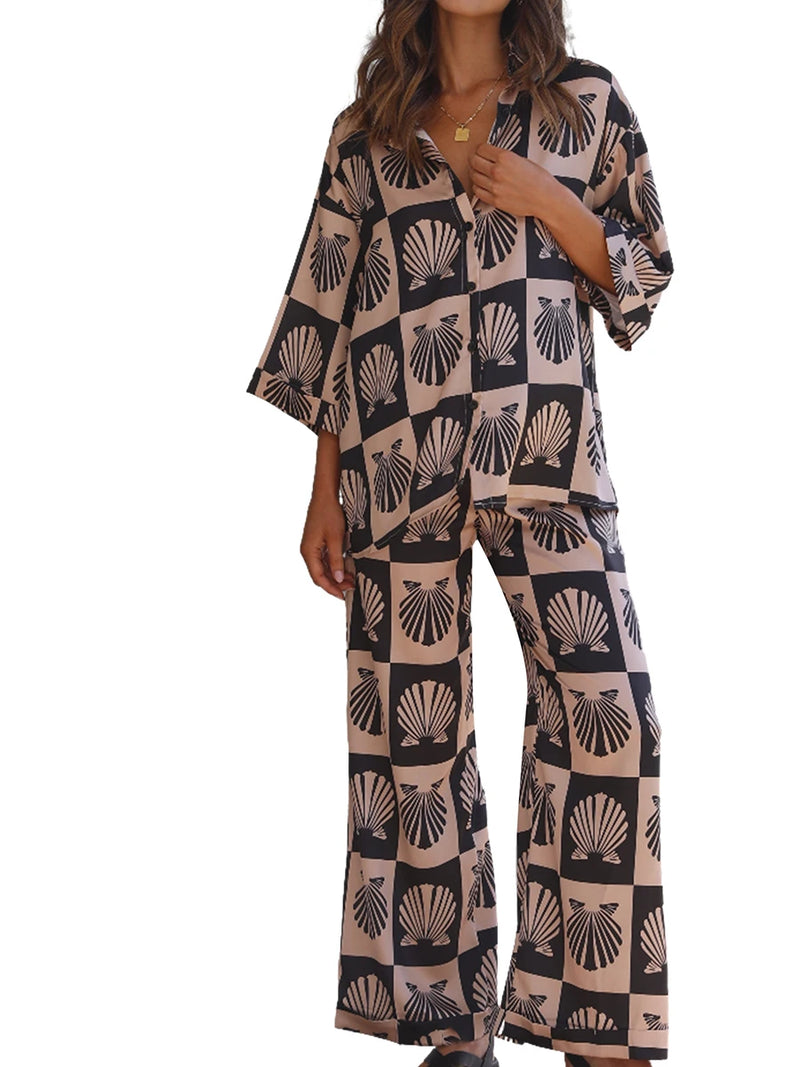 Cute Seashell Print Half Sleeve Shirt and Pants Set Women Loungewear-Wear To Work Sets-Arimonz-Arimonz