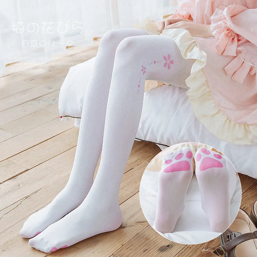Cute Tights Women Velvet Stocking Cute Cat Footprints White Pantyhose-Socks & Tights-Arimonz-Arimonz