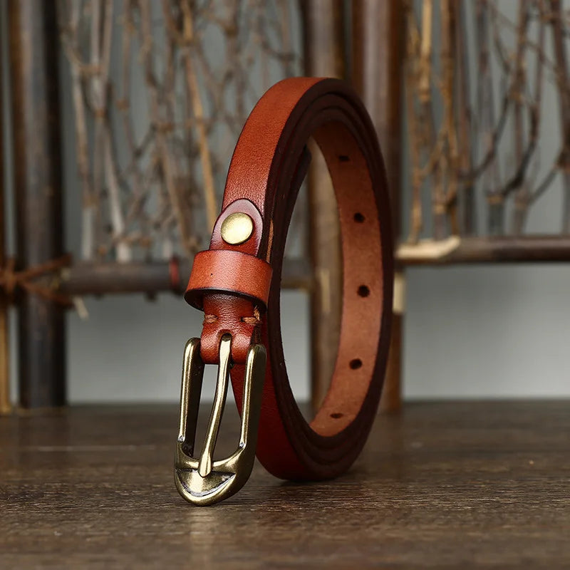 Thin Genuine Leather Belt Cowskin Waistband with Copper Pin Buckle