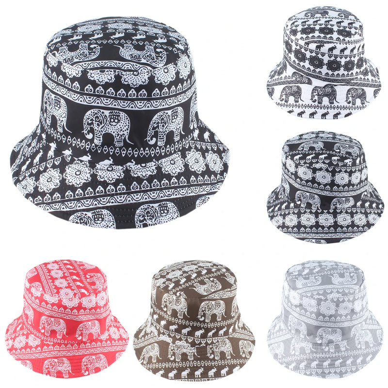 Retro Elephant Print Bucket Hat Reversible Summer Panama Beach Cap