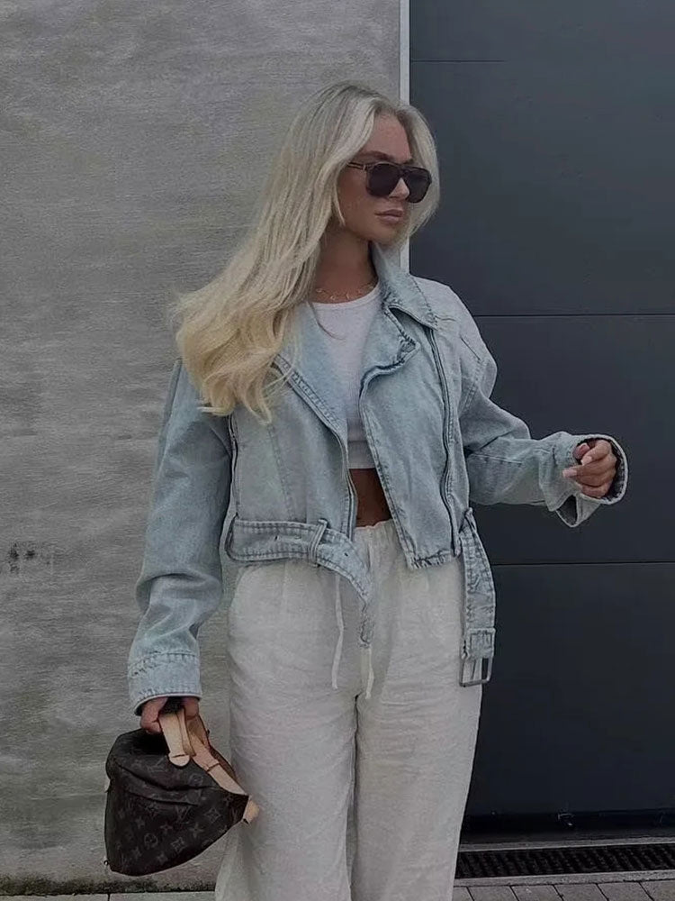 Denim Coat Lapel Long Sleeve Short Jacket Lady Chic Streetwear Jacket-Jean Jackets-Arimonz-Arimonz