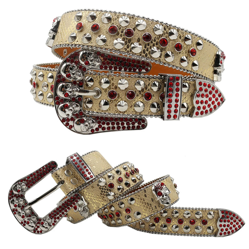 Diamond Rhinestone Belts Fashion Crystal Studded Pin Buckle Belt-Women's Belts-Arimonz-JD-5Skull-Red-125cm/49inches-Arimonz