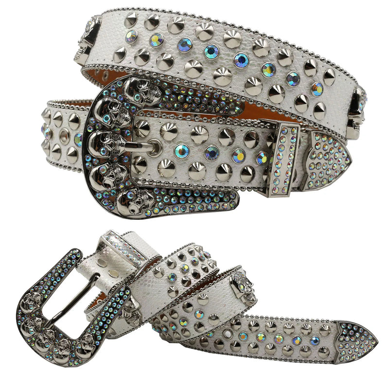 Diamond Rhinestone Belts Fashion Crystal Studded Pin Buckle Belt-Women's Belts-Arimonz-JD-5Skull-White-125cm/49inches-Arimonz
