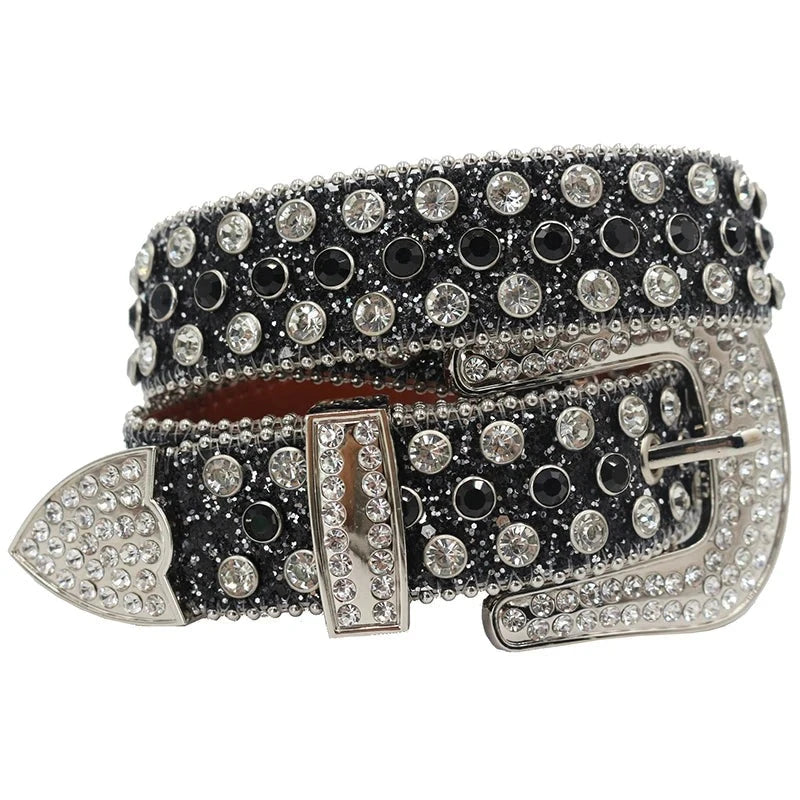Diamond Rhinestone Belts Fashion Crystal Studded Pin Buckle Belt-Women's Belts-Arimonz-Shiny black-125cm/49inches-Arimonz