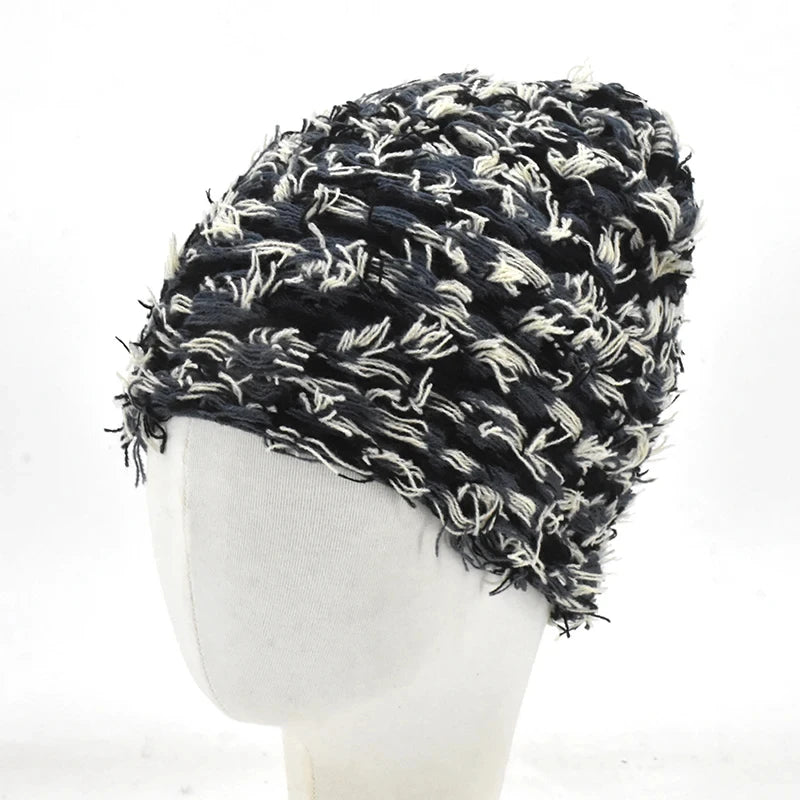 Distressed Knitted Hip Hop Cap Outdoor Fuzzy Ski Balaclava Beanies Hat-Winter Hats-Arimonz-Black Grey Beige-Arimonz
