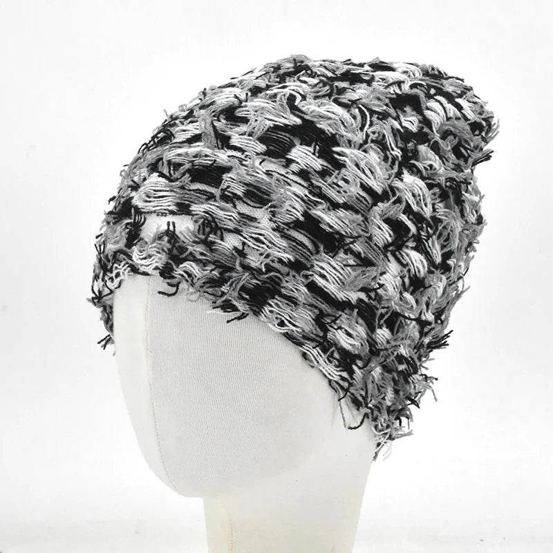 Distressed Knitted Hip Hop Cap Outdoor Fuzzy Ski Balaclava Beanies Hat-Winter Hats-Arimonz-Black Grey White-Arimonz