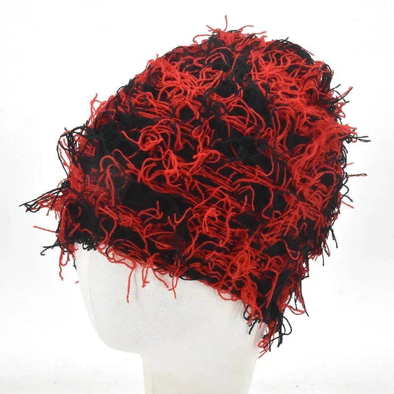 Distressed Knitted Hip Hop Cap Outdoor Fuzzy Ski Balaclava Beanies Hat-Winter Hats-Arimonz-Black Red-Arimonz