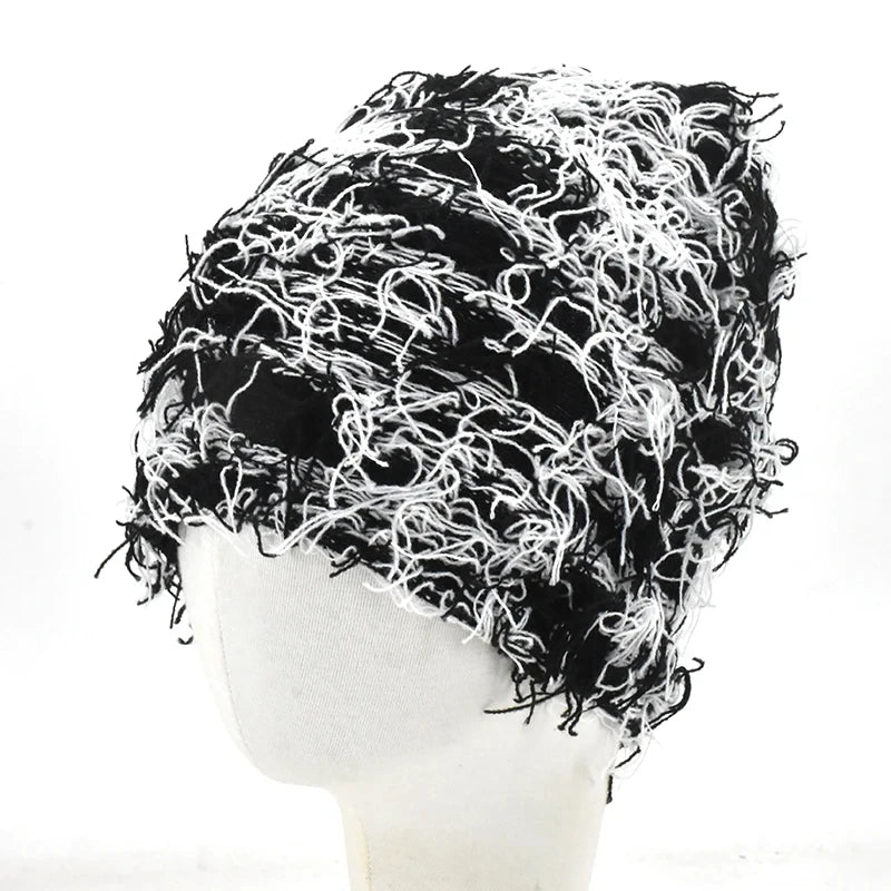 Distressed Knitted Hip Hop Cap Outdoor Fuzzy Ski Balaclava Beanies Hat-Winter Hats-Arimonz-Black White-Arimonz