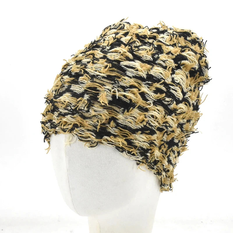Distressed Knitted Hip Hop Cap Outdoor Fuzzy Ski Balaclava Beanies Hat-Winter Hats-Arimonz-Black Yellow White-Arimonz