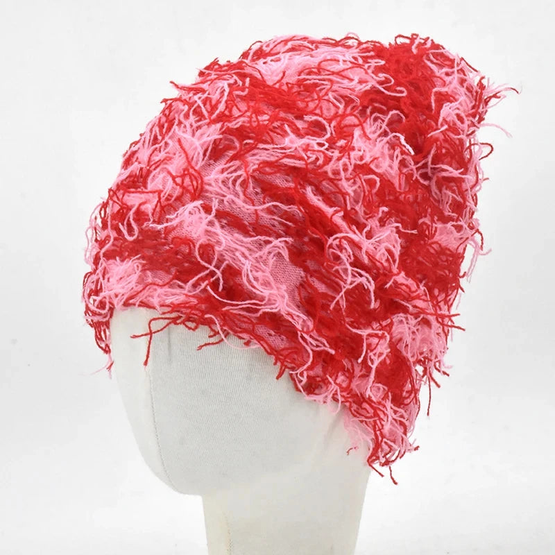 Distressed Knitted Hip Hop Cap Outdoor Fuzzy Ski Balaclava Beanies Hat-Winter Hats-Arimonz-Red Pink-Arimonz
