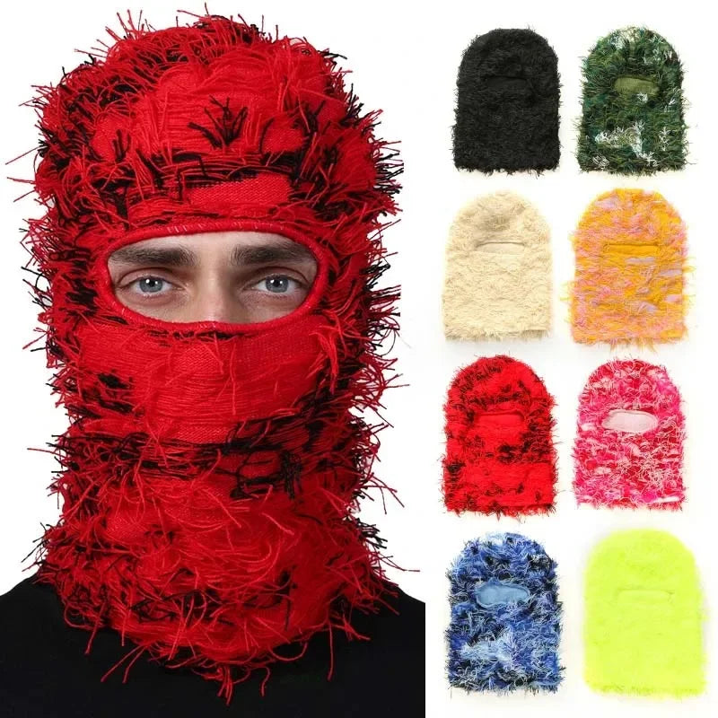 Distressed Knitted Hip Hop Cap Outdoor Fuzzy Ski Balaclava Beanies Hat-Winter Hats-Arimonz-Arimonz