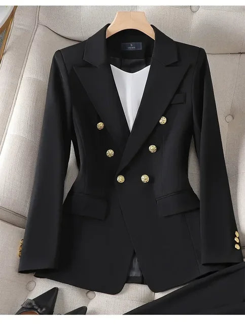 Double Breasted Long Sleeve Slim Blazer Straight Pants Office Wear-Wear To Work Sets-Arimonz-Only black Blazers-S-Arimonz