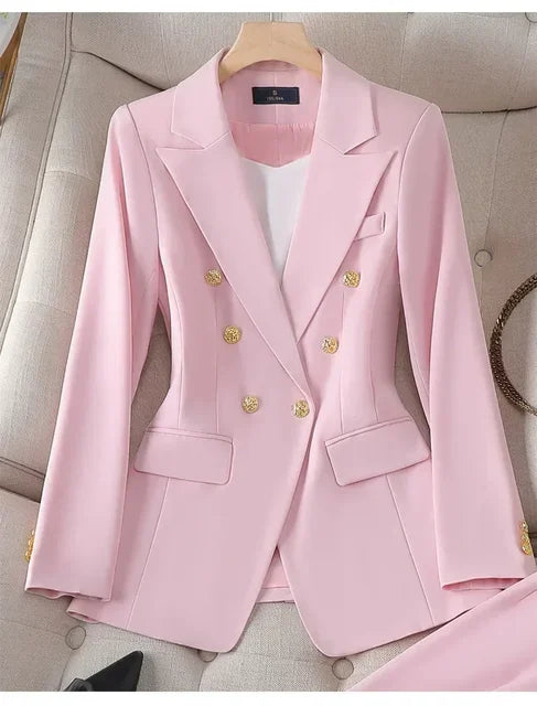 Double Breasted Long Sleeve Slim Blazer Straight Pants Office Wear-Wear To Work Sets-Arimonz-Only pink Blazers-S-Arimonz