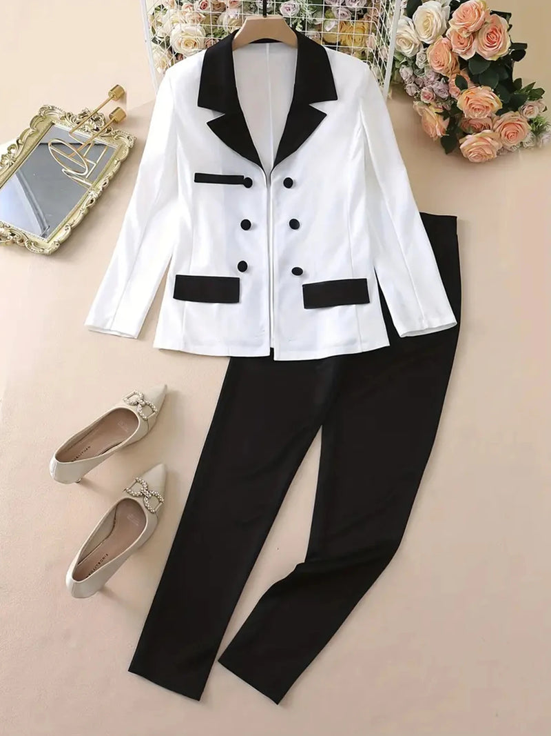 Double Breasted Long Sleeved Lapel Jacket and Pants 2pcs Suit Set-Wear To Work Sets-Arimonz-Arimonz
