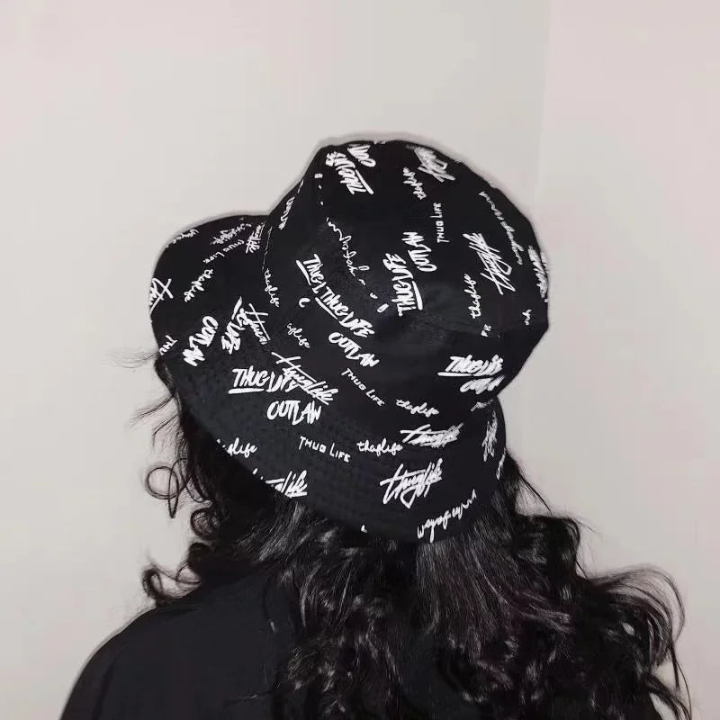 Double Sided Wide Brim Bucket Hat Graffiti Lettered Outdoor Unisex Cap-Bucket Hats-Arimonz-Arimonz